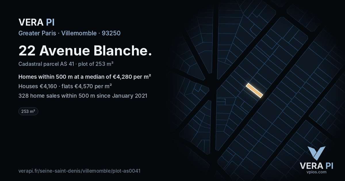 22 Avenue Blanche, Villemomble at night – the plot lit, the parcels around coloured by the prices near them