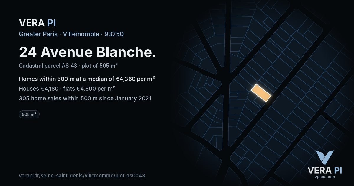24 Avenue Blanche, Villemomble at night – the plot lit, the parcels around coloured by the prices near them