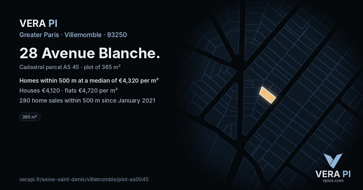 28 Avenue Blanche, Villemomble at night – the plot lit, the parcels around coloured by the prices near them
