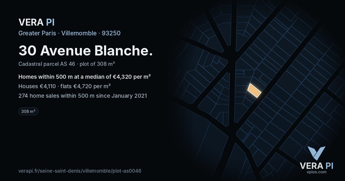 30 Avenue Blanche, Villemomble at night – the plot lit, the parcels around coloured by the prices near them