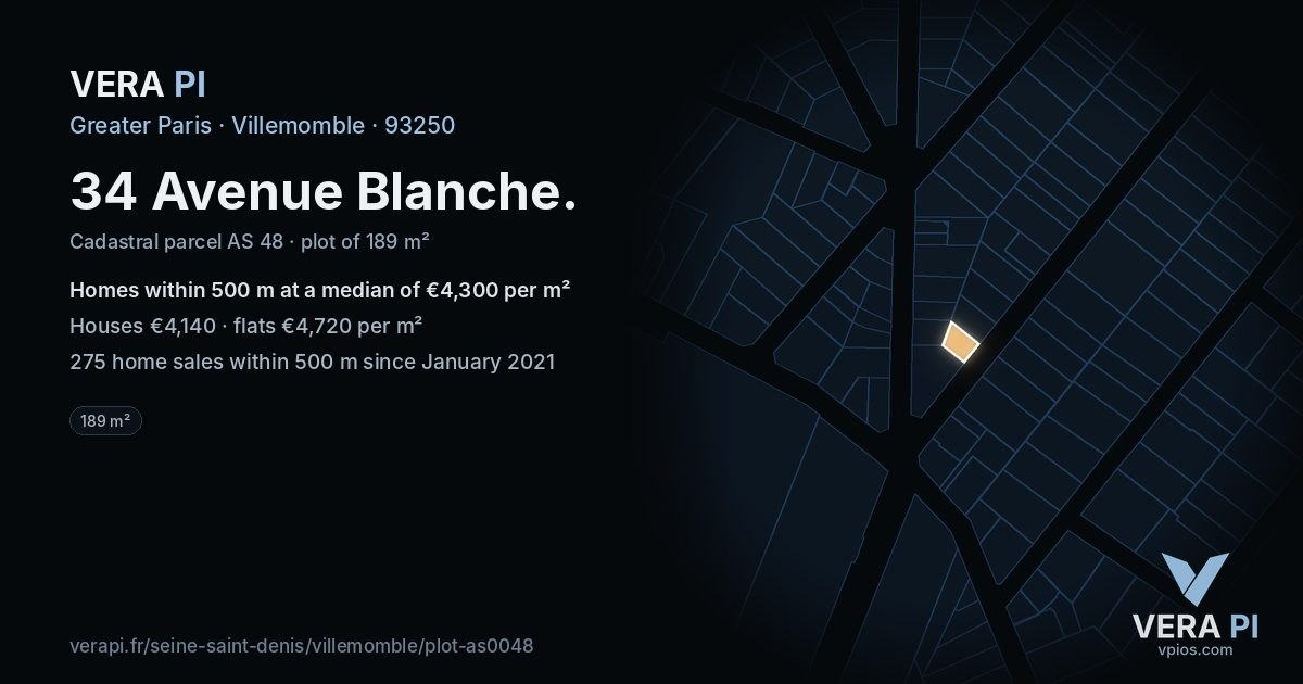 34 Avenue Blanche, Villemomble at night – the plot lit, the parcels around coloured by the prices near them