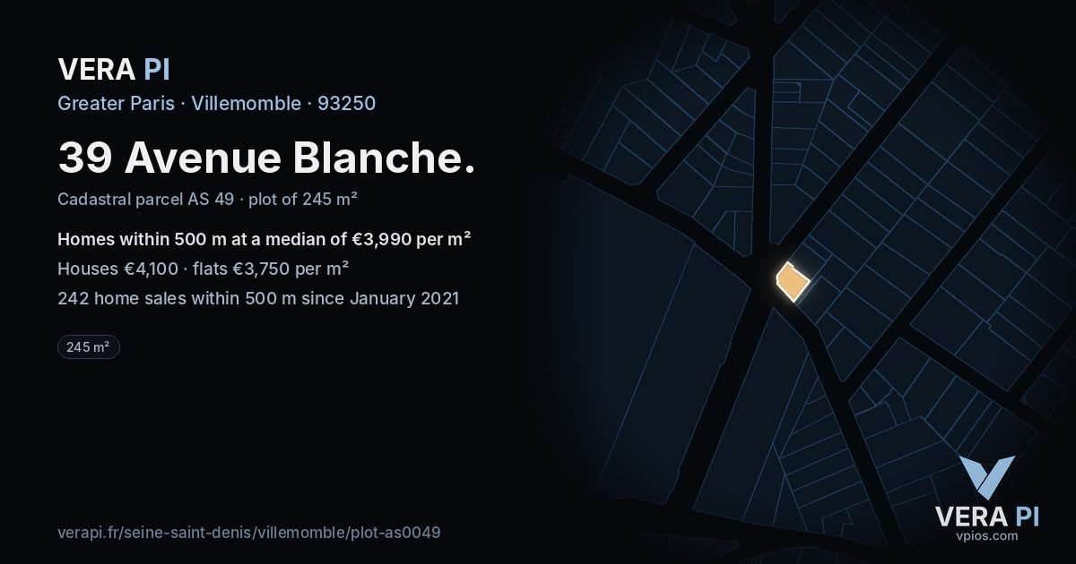 39 Avenue Blanche, Villemomble at night – the plot lit, the parcels around coloured by the prices near them