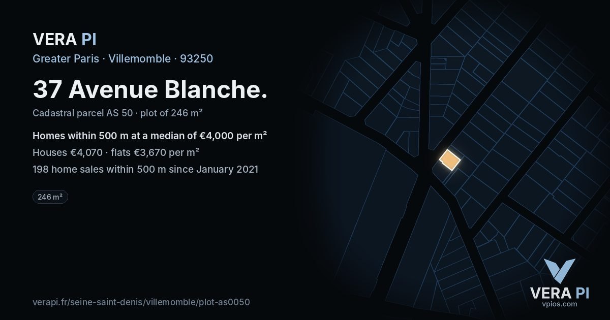 37 Avenue Blanche, Villemomble at night – the plot lit, the parcels around coloured by the prices near them