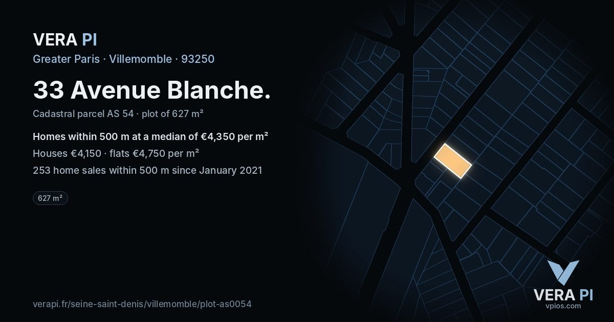 33 Avenue Blanche, Villemomble at night – the plot lit, the parcels around coloured by the prices near them