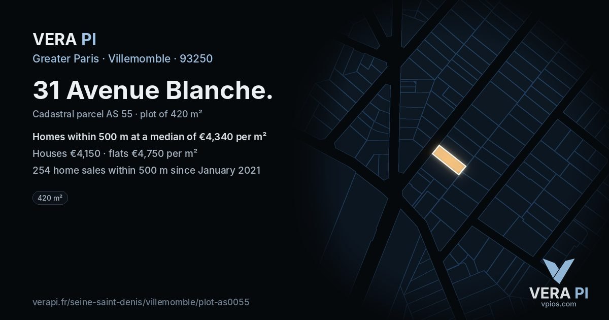 31 Avenue Blanche, Villemomble at night – the plot lit, the parcels around coloured by the prices near them