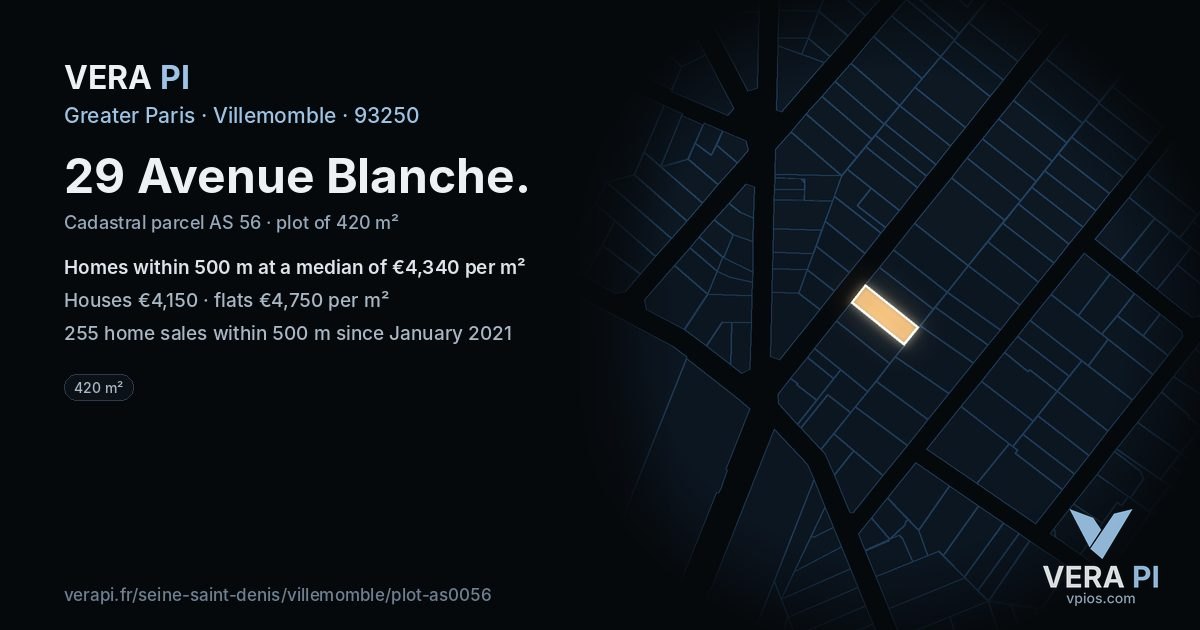 29 Avenue Blanche, Villemomble at night – the plot lit, the parcels around coloured by the prices near them
