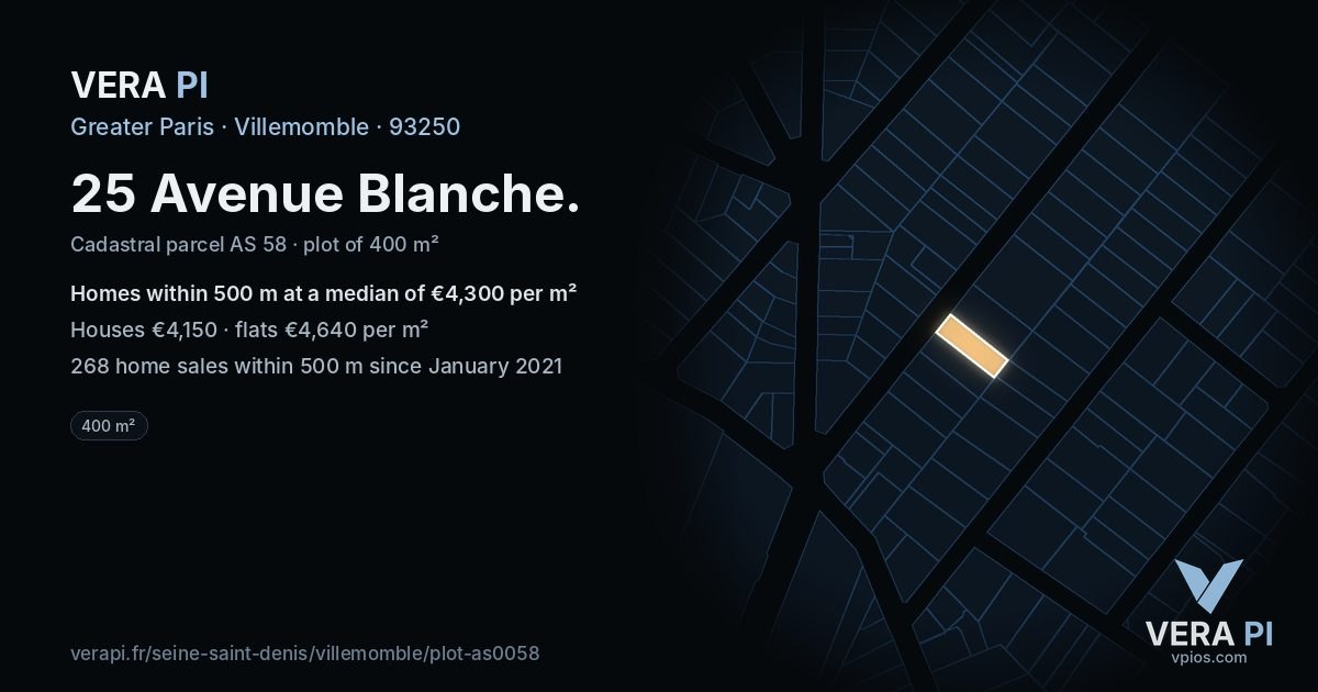 25 Avenue Blanche, Villemomble at night – the plot lit, the parcels around coloured by the prices near them