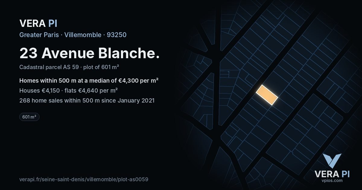 23 Avenue Blanche, Villemomble at night – the plot lit, the parcels around coloured by the prices near them