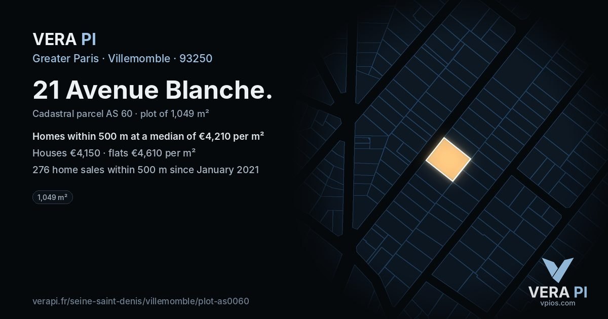 21 Avenue Blanche, Villemomble at night – the plot lit, the parcels around coloured by the prices near them