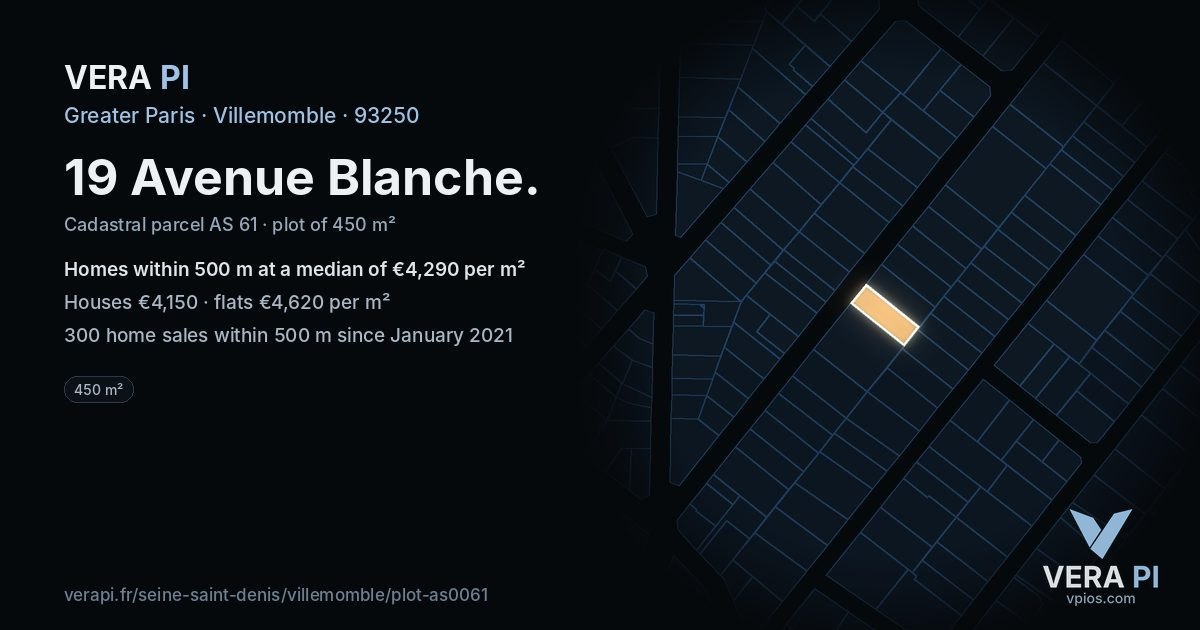 19 Avenue Blanche, Villemomble at night – the plot lit, the parcels around coloured by the prices near them
