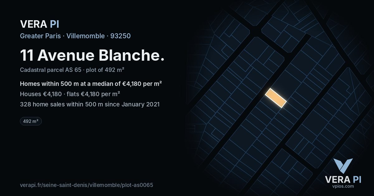11 Avenue Blanche, Villemomble at night – the plot lit, the parcels around coloured by the prices near them