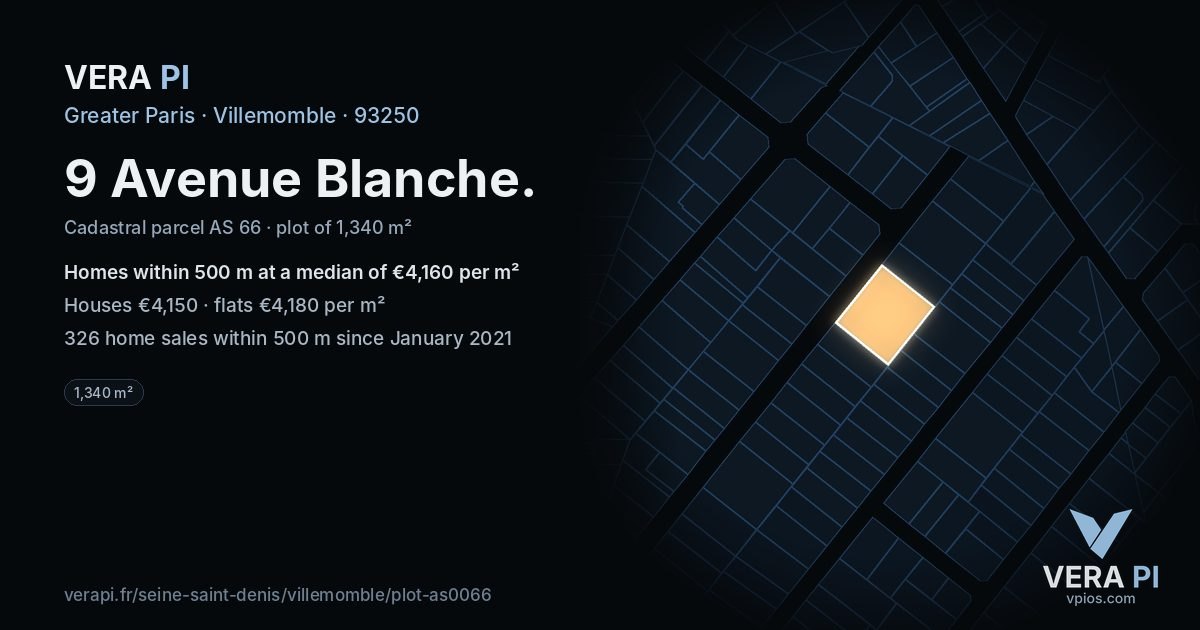 9 Avenue Blanche, Villemomble at night – the plot lit, the parcels around coloured by the prices near them