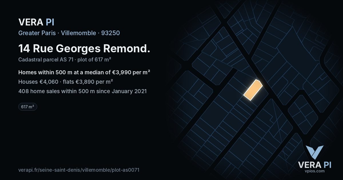 14 Rue Georges Remond, Villemomble at night – the plot lit, the parcels around coloured by the prices near them
