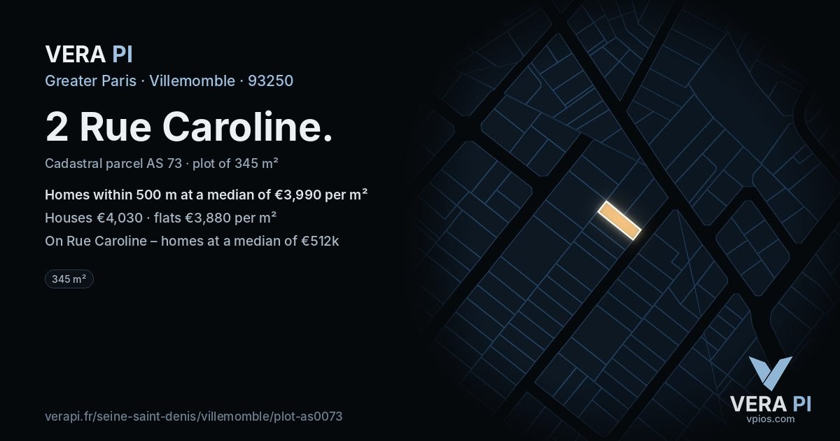 2 Rue Caroline, Villemomble at night – the plot lit, the parcels around coloured by the prices near them