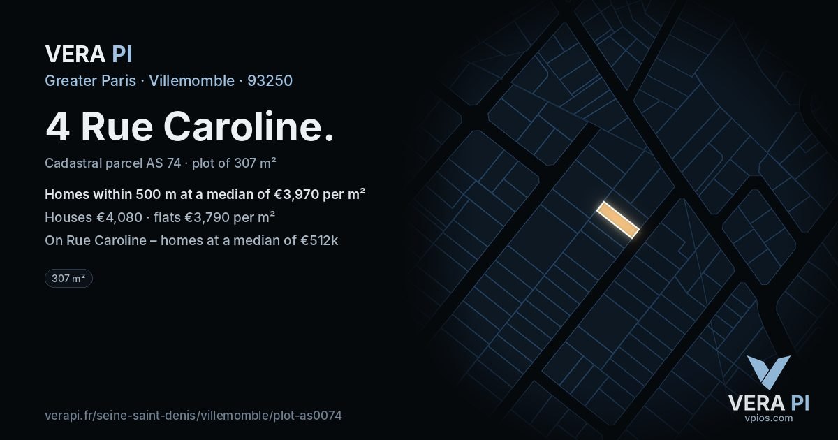 4 Rue Caroline, Villemomble at night – the plot lit, the parcels around coloured by the prices near them