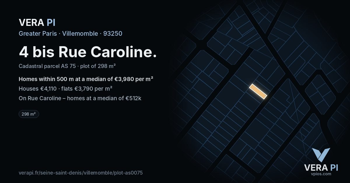 4 bis Rue Caroline, Villemomble at night – the plot lit, the parcels around coloured by the prices near them