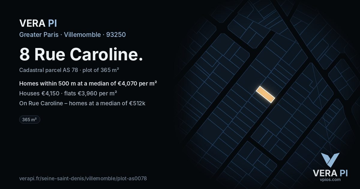 8 Rue Caroline, Villemomble at night – the plot lit, the parcels around coloured by the prices near them