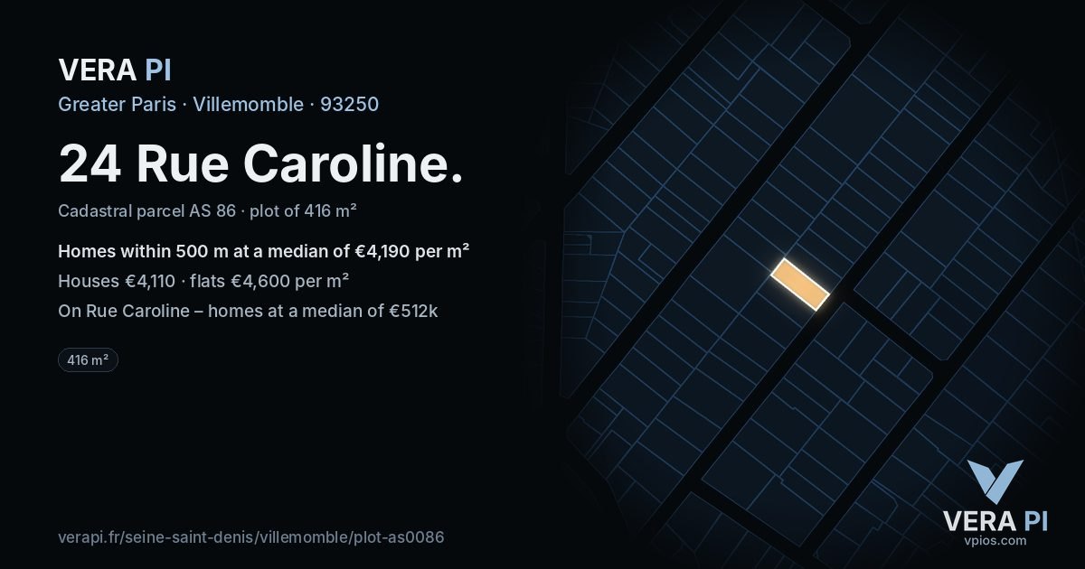 24 Rue Caroline, Villemomble at night – the plot lit, the parcels around coloured by the prices near them