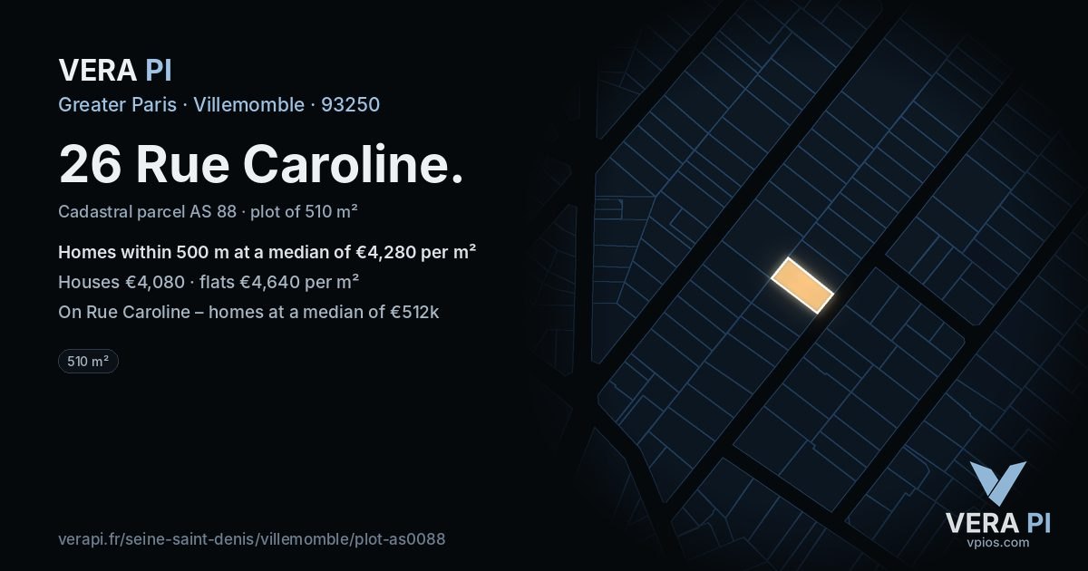 26 Rue Caroline, Villemomble at night – the plot lit, the parcels around coloured by the prices near them