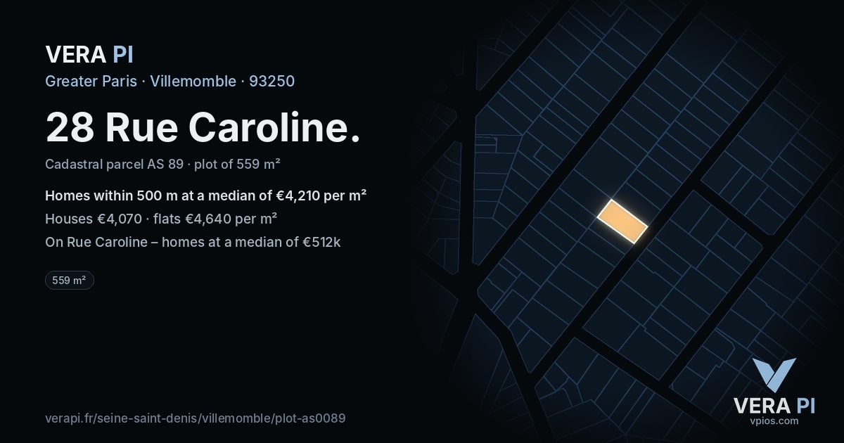 28 Rue Caroline, Villemomble at night – the plot lit, the parcels around coloured by the prices near them