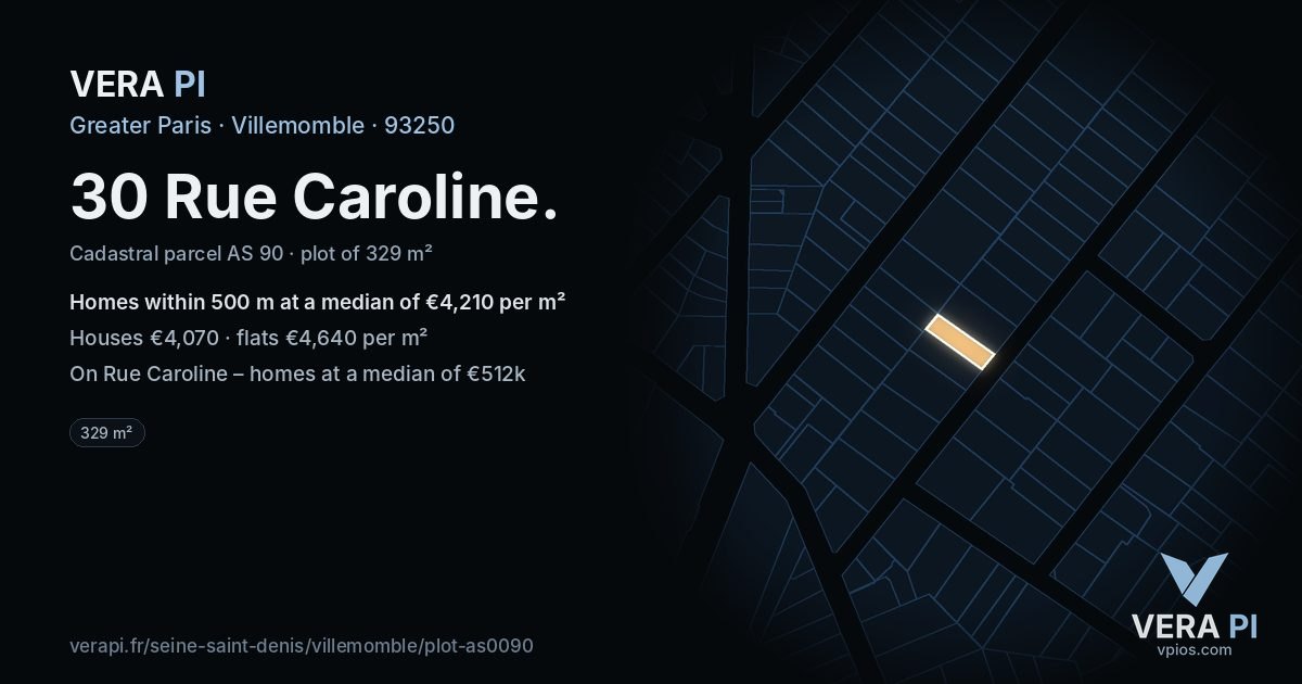 30 Rue Caroline, Villemomble at night – the plot lit, the parcels around coloured by the prices near them