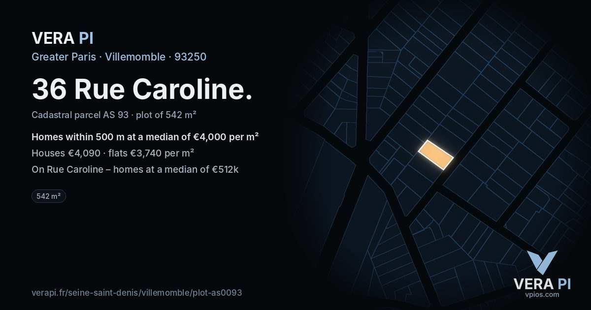 36 Rue Caroline, Villemomble at night – the plot lit, the parcels around coloured by the prices near them