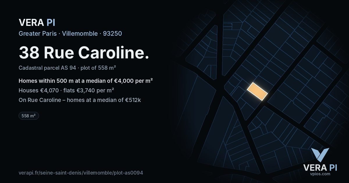 38 Rue Caroline, Villemomble at night – the plot lit, the parcels around coloured by the prices near them