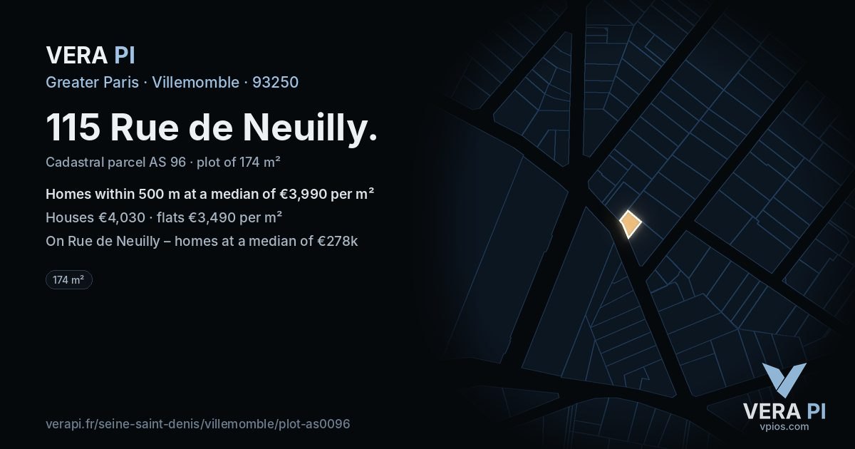115 Rue de Neuilly, Villemomble at night – the plot lit, the parcels around coloured by the prices near them