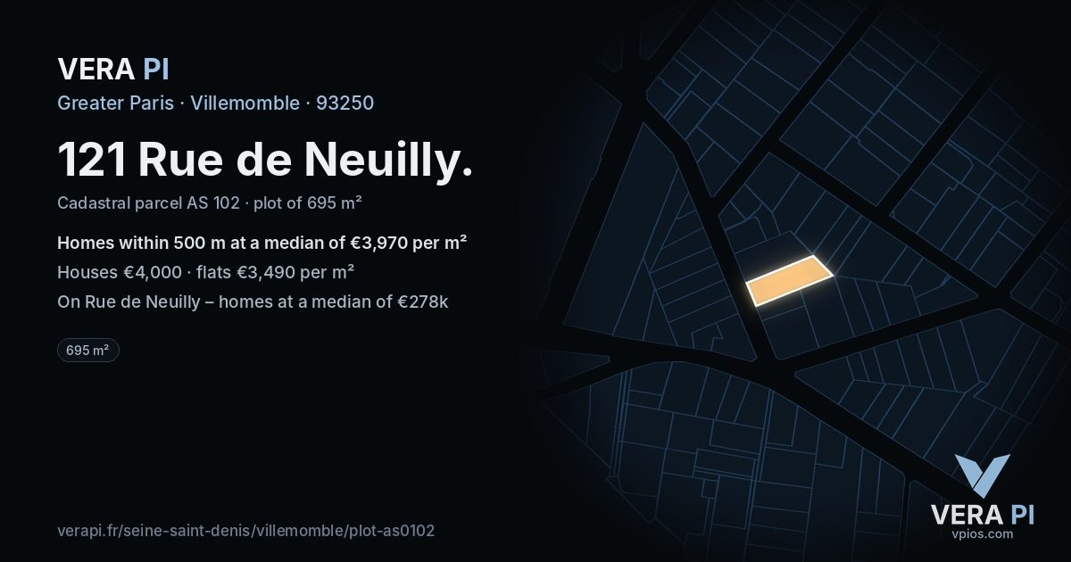 121 Rue de Neuilly, Villemomble at night – the plot lit, the parcels around coloured by the prices near them