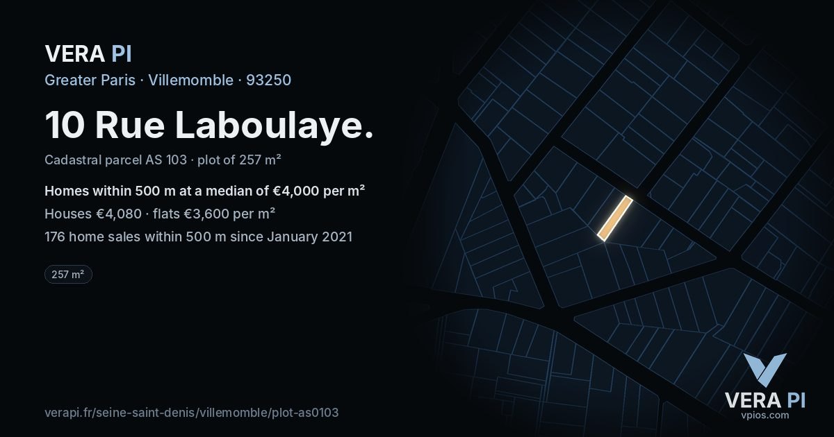 10 Rue Laboulaye, Villemomble at night – the plot lit, the parcels around coloured by the prices near them
