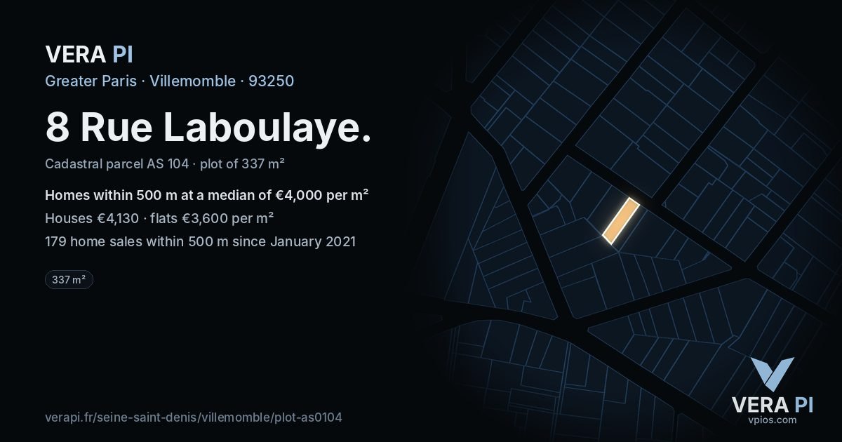 8 Rue Laboulaye, Villemomble at night – the plot lit, the parcels around coloured by the prices near them