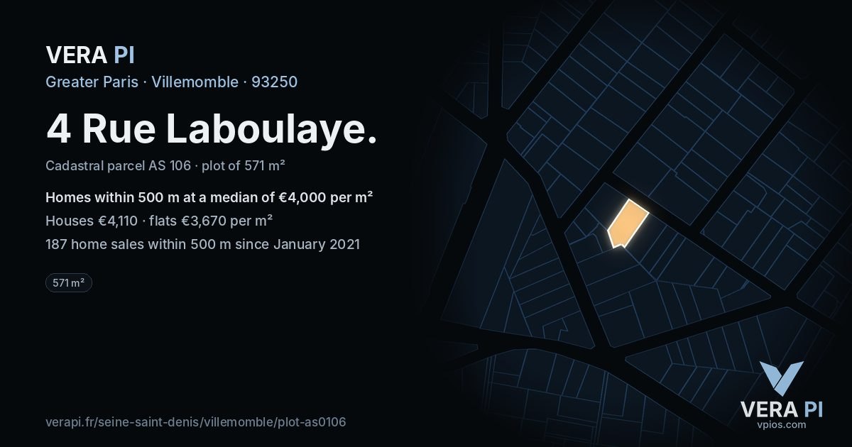 4 Rue Laboulaye, Villemomble at night – the plot lit, the parcels around coloured by the prices near them