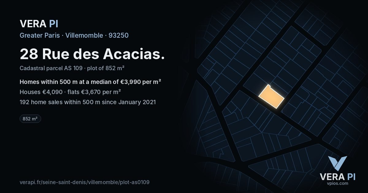 28 Rue des Acacias, Villemomble at night – the plot lit, the parcels around coloured by the prices near them