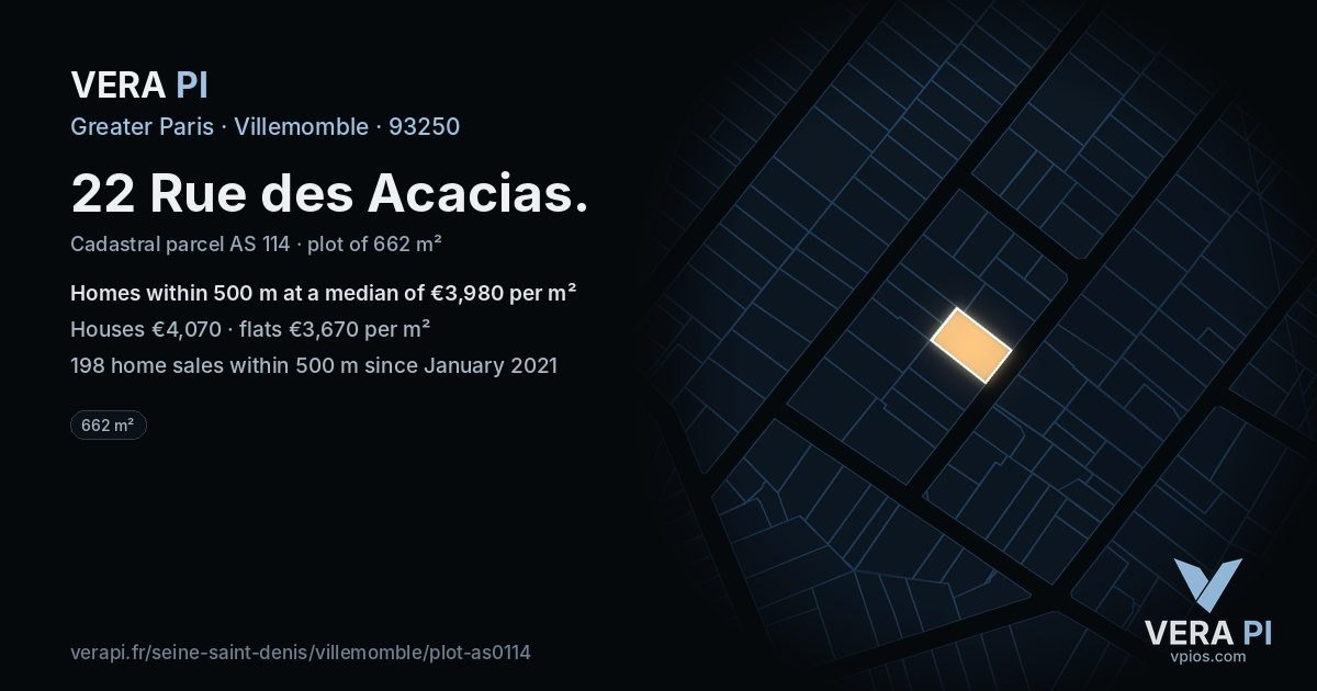 22 Rue des Acacias, Villemomble at night – the plot lit, the parcels around coloured by the prices near them