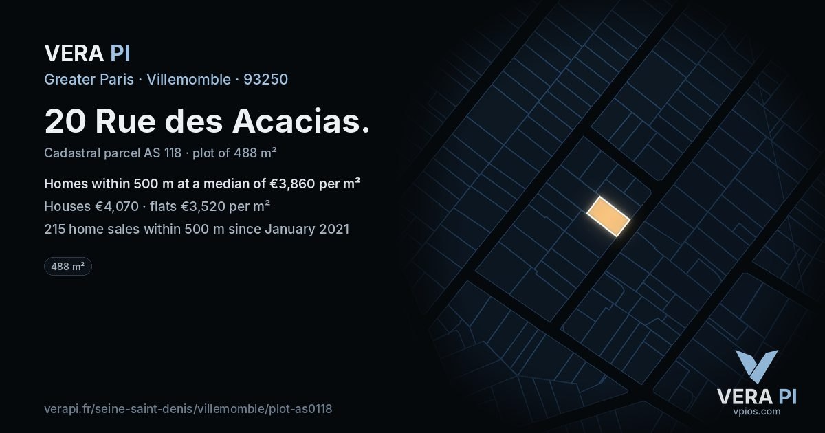 20 Rue des Acacias, Villemomble at night – the plot lit, the parcels around coloured by the prices near them