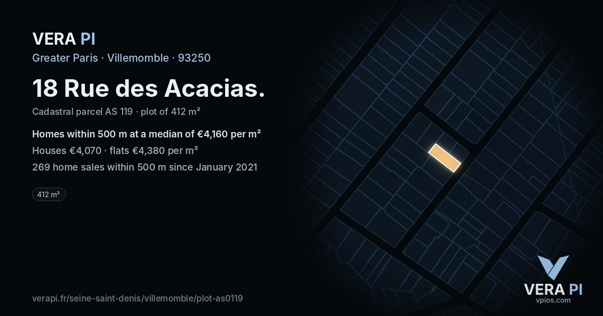 18 Rue des Acacias, Villemomble at night – the plot lit, the parcels around coloured by the prices near them