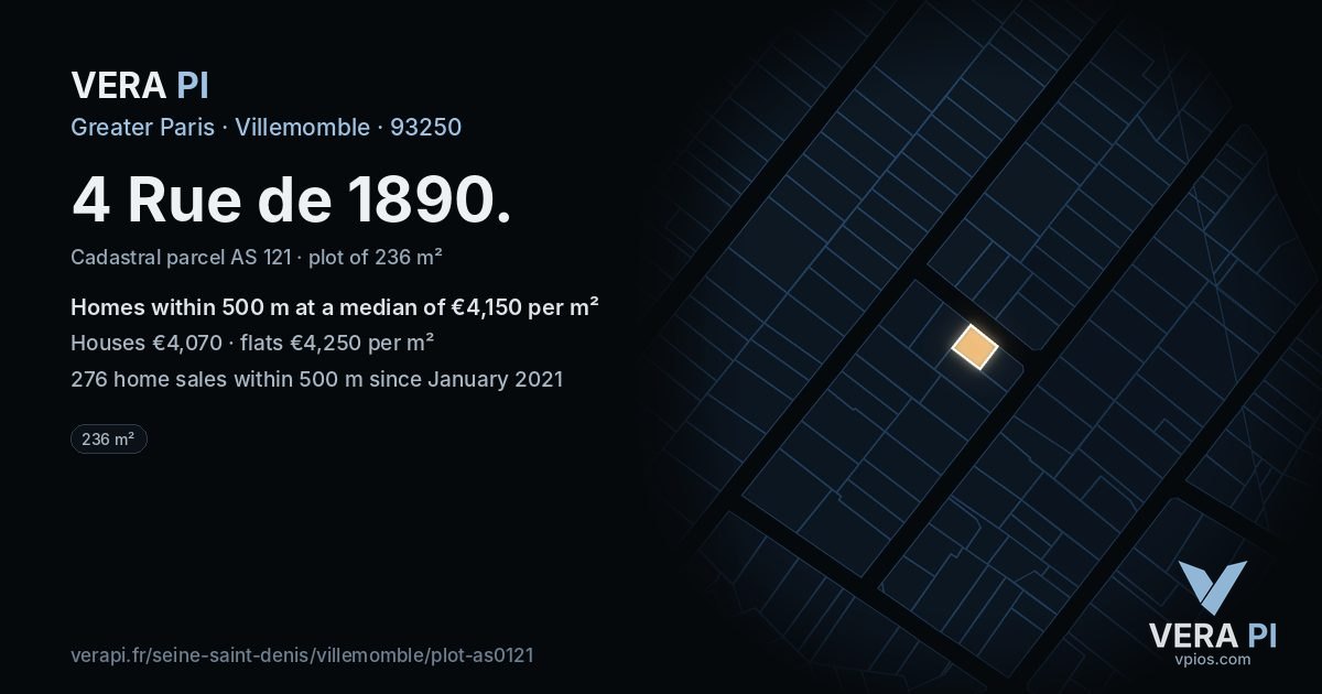 4 Rue de 1890, Villemomble at night – the plot lit, the parcels around coloured by the prices near them