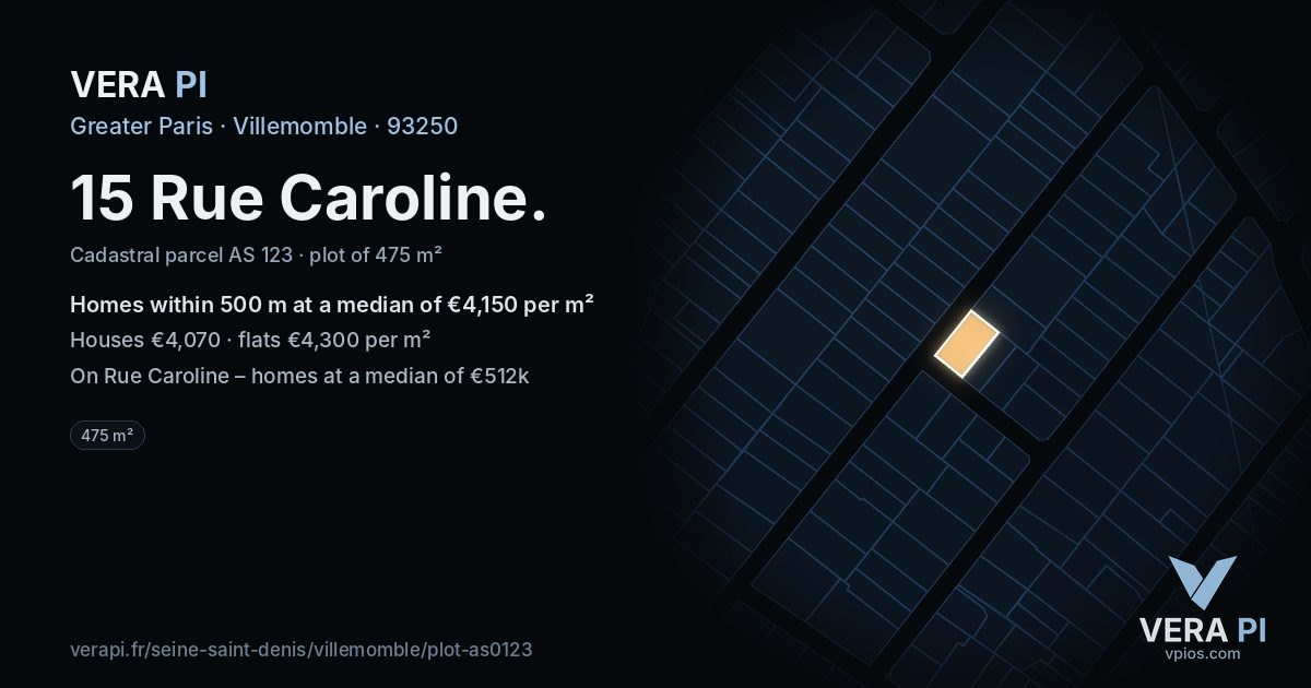 15 Rue Caroline, Villemomble at night – the plot lit, the parcels around coloured by the prices near them
