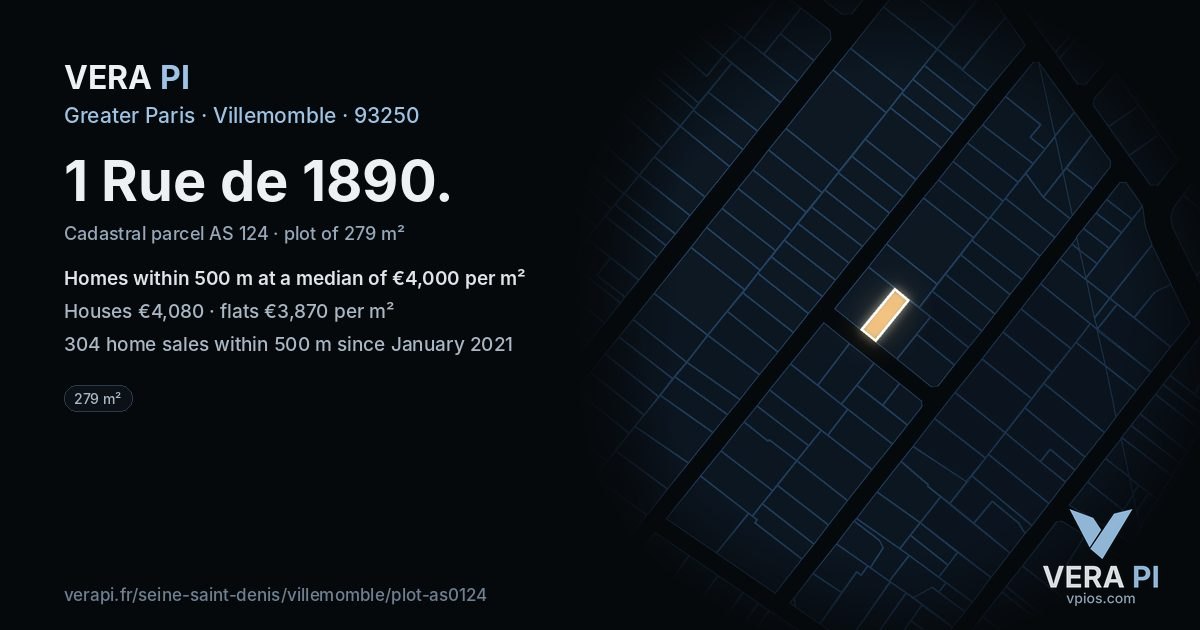 1 Rue de 1890, Villemomble at night – the plot lit, the parcels around coloured by the prices near them