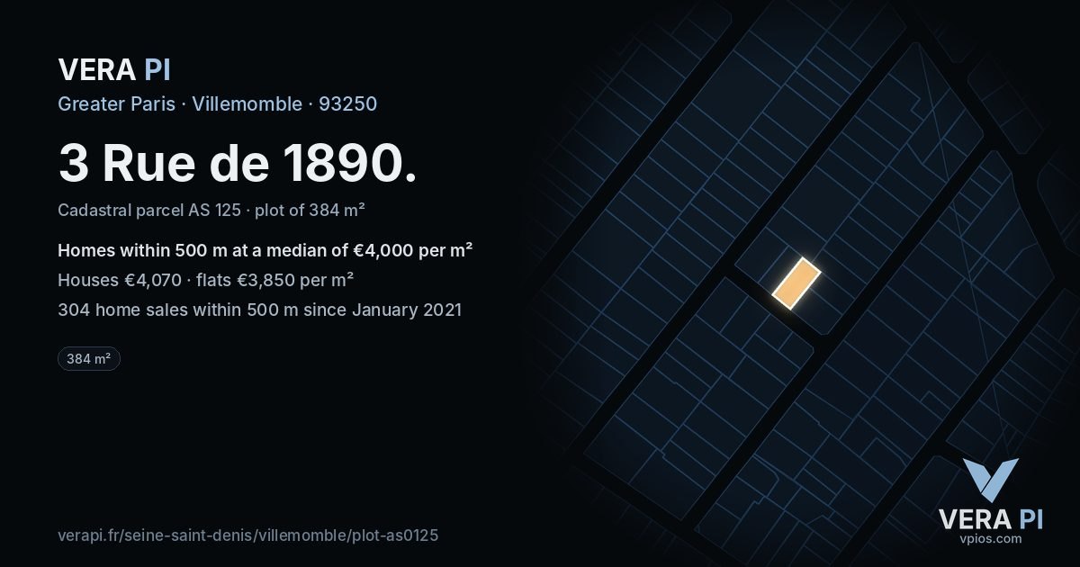 3 Rue de 1890, Villemomble at night – the plot lit, the parcels around coloured by the prices near them
