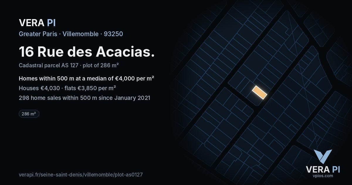 16 Rue des Acacias, Villemomble at night – the plot lit, the parcels around coloured by the prices near them
