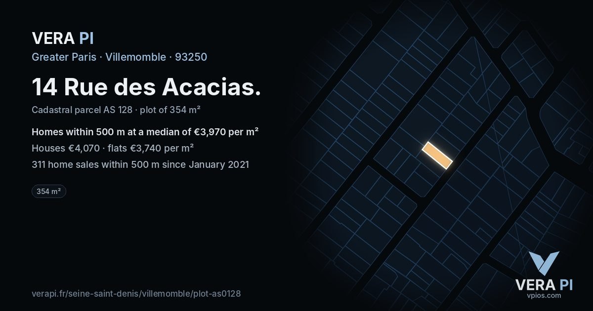 14 Rue des Acacias, Villemomble at night – the plot lit, the parcels around coloured by the prices near them