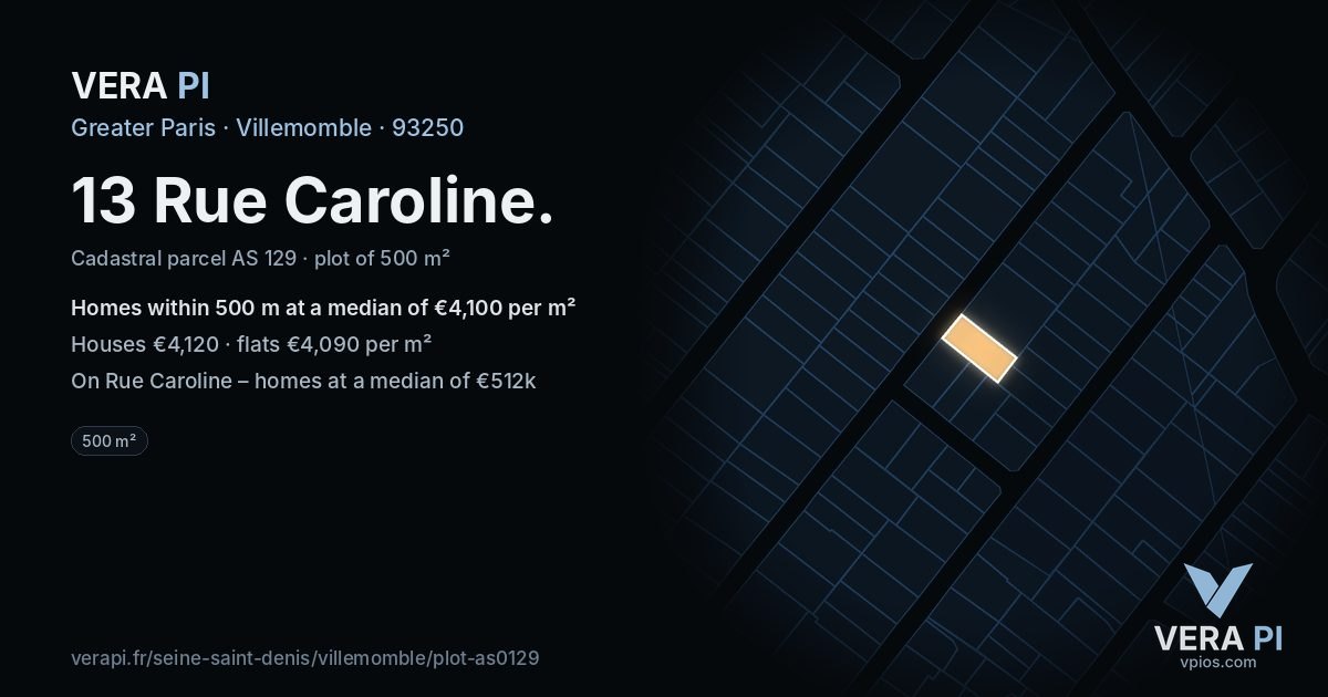13 Rue Caroline, Villemomble at night – the plot lit, the parcels around coloured by the prices near them