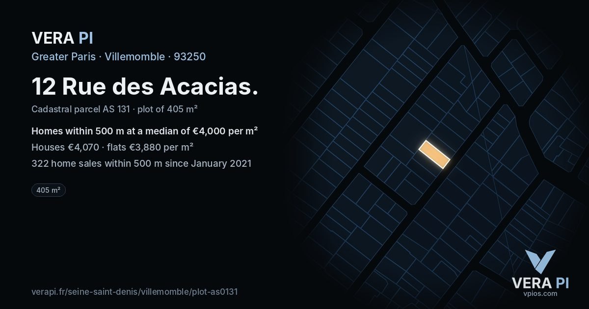 12 Rue des Acacias, Villemomble at night – the plot lit, the parcels around coloured by the prices near them