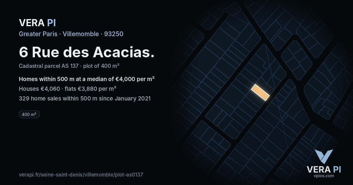 6 Rue des Acacias, Villemomble at night – the plot lit, the parcels around coloured by the prices near them