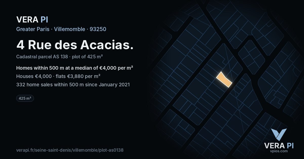 4 Rue des Acacias, Villemomble at night – the plot lit, the parcels around coloured by the prices near them