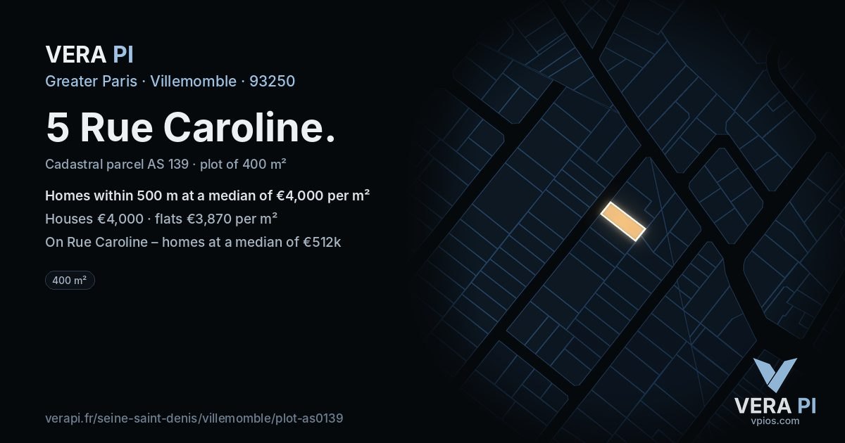 5 Rue Caroline, Villemomble at night – the plot lit, the parcels around coloured by the prices near them
