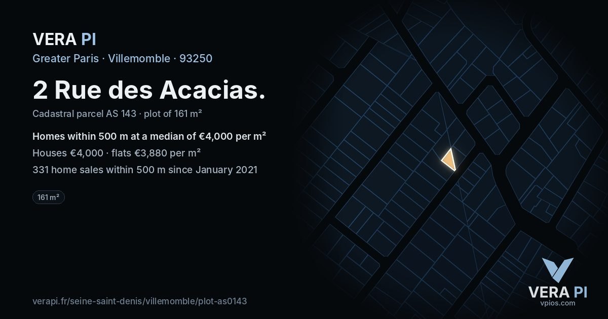 2 Rue des Acacias, Villemomble at night – the plot lit, the parcels around coloured by the prices near them