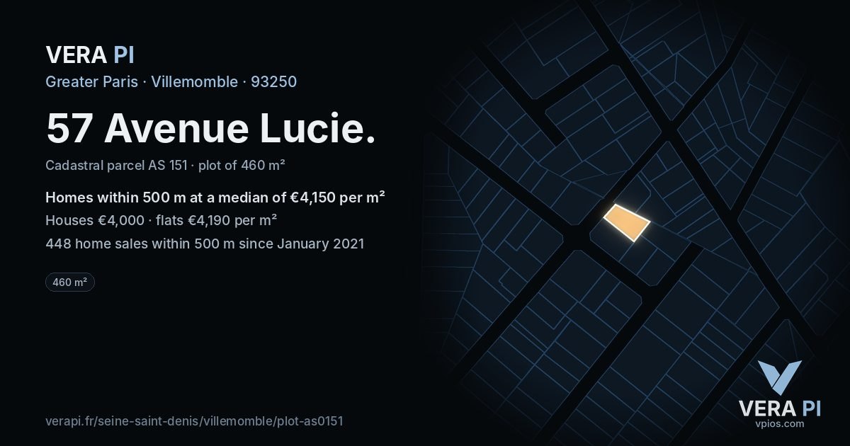 57 Avenue Lucie, Villemomble at night – the plot lit, the parcels around coloured by the prices near them