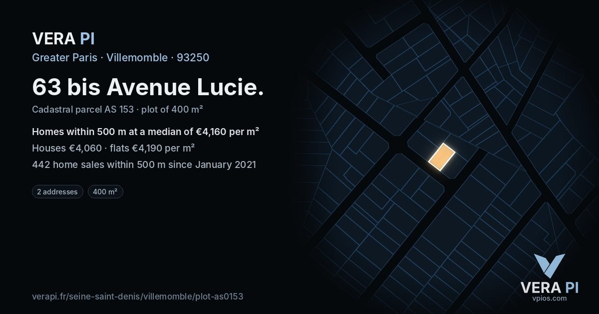 63 bis Avenue Lucie, Villemomble at night – the plot lit, the parcels around coloured by the prices near them